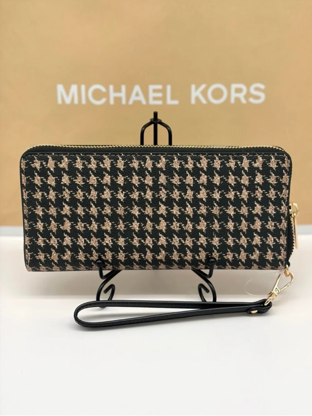 Michael Kors Black & Beige Houndstooth Continental Wallet with Dog Appliqué